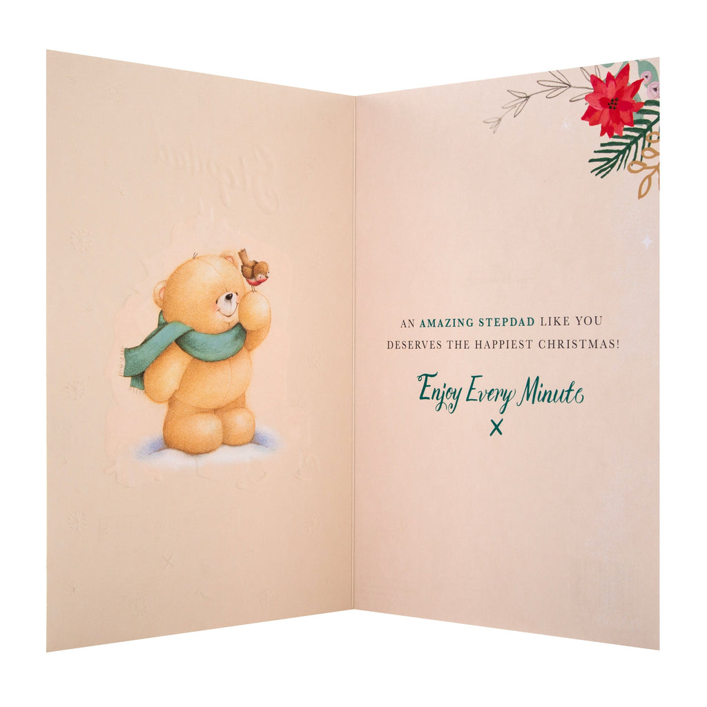 Christmas Card for Stepdad - Cute Forever Friends Snowball Design with Gold Foil