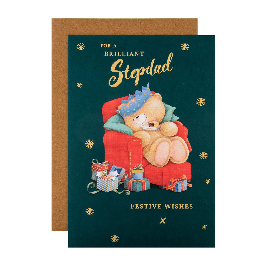 Christmas Card for Stepdad - Cute Forever Friends Snowball Design with Gold Foil