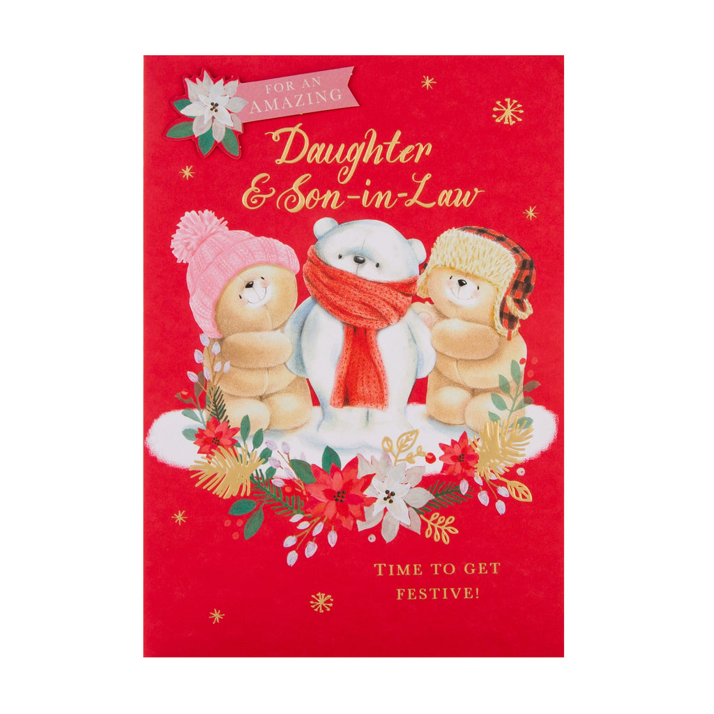 Christmas Card for Daughter and Son in Law - Cute Forever Friends Design with 3D Add Ons and Gold Foil
