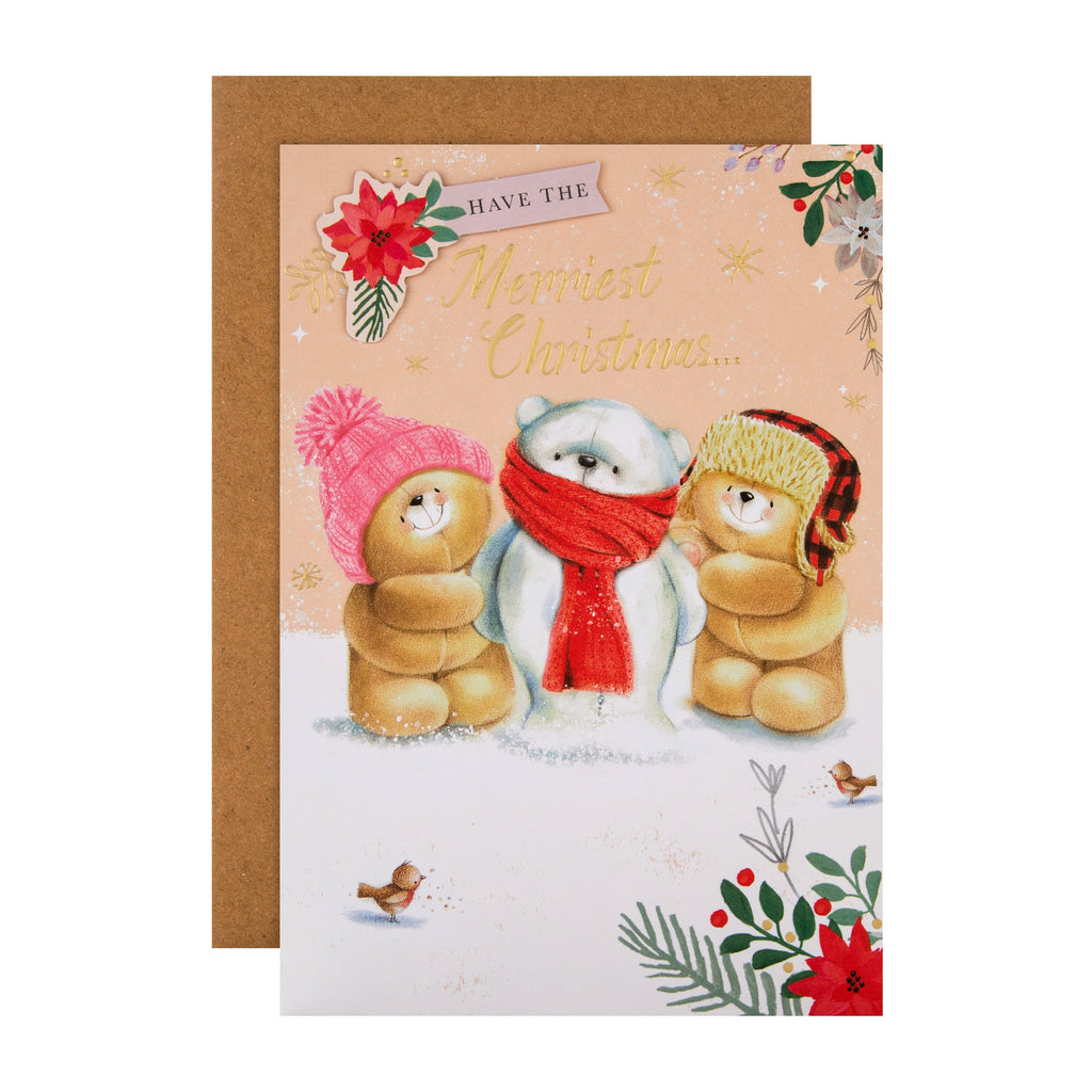 General Christmas Card - Cute Forever Friends Snowman Design with 3D Add On and Gold Foil