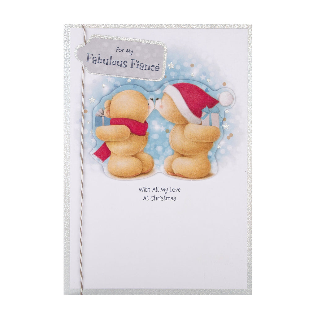Christmas Card for Fiancé - Cute 'Forever Friends' Winter Kiss Design with Silver Foil and 3D Add Ons