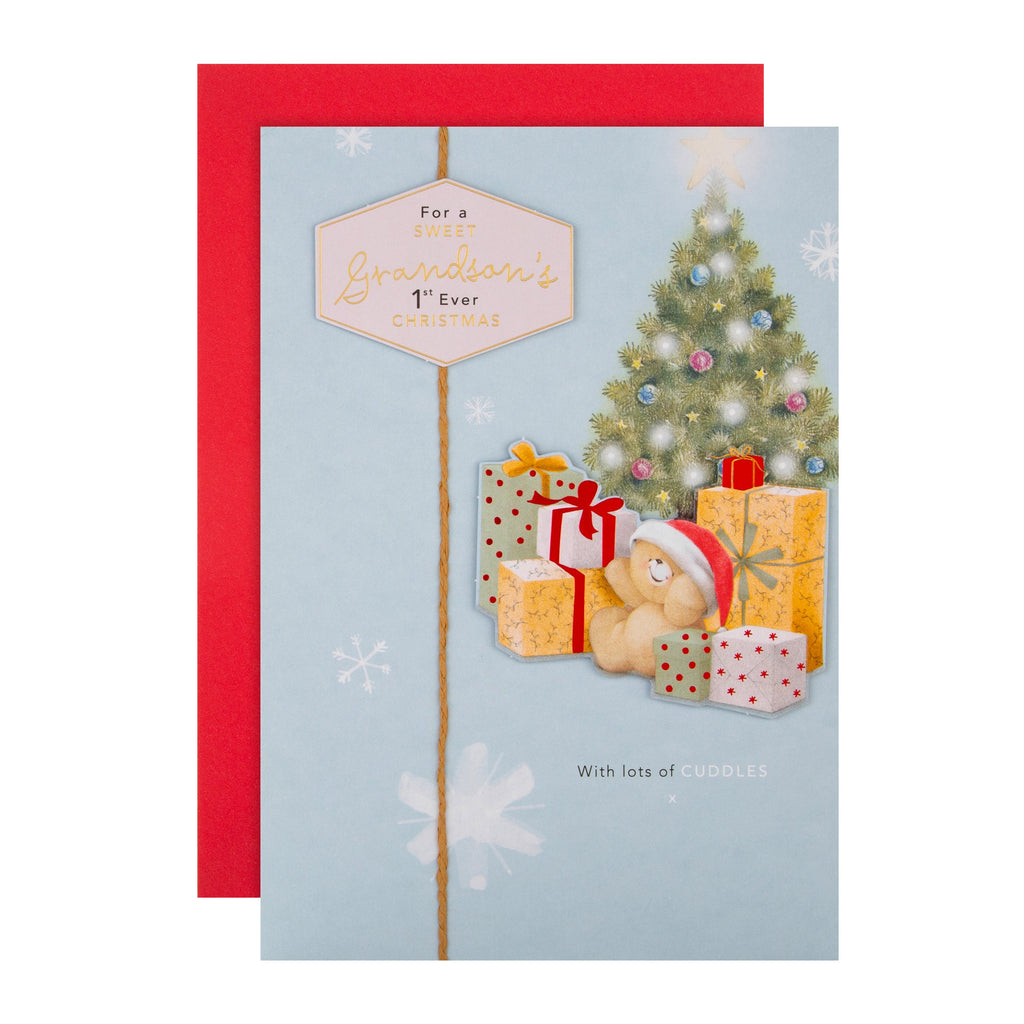 Christmas Card for Grandson - Cute 1st Christmas Forever Friends Design with Foil and 3D Add On