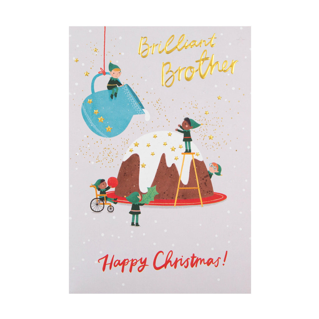 Christmas Card for Brother - Contemporary Pudding Elves Design with Gold Foil