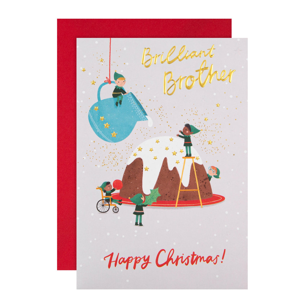 Christmas Card for Brother - Contemporary Pudding Elves Design with Gold Foil