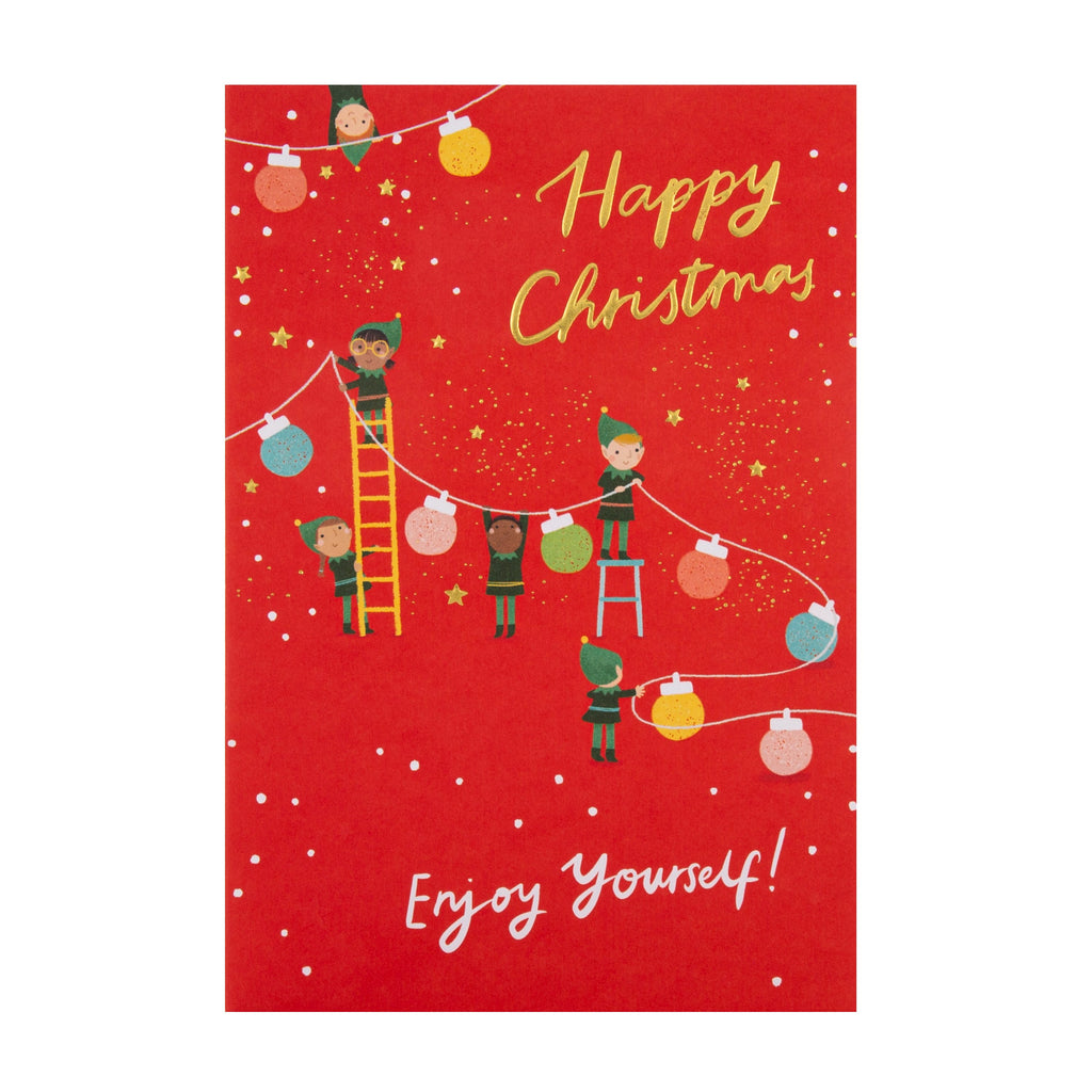 General Christmas Card - Cute Festive Elves Decorating Design with Gold Foil