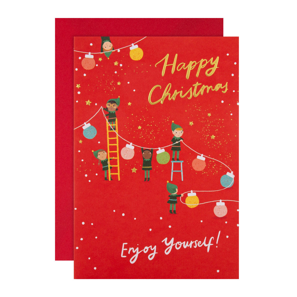 General Christmas Card - Cute Festive Elves Decorating Design with Gold Foil