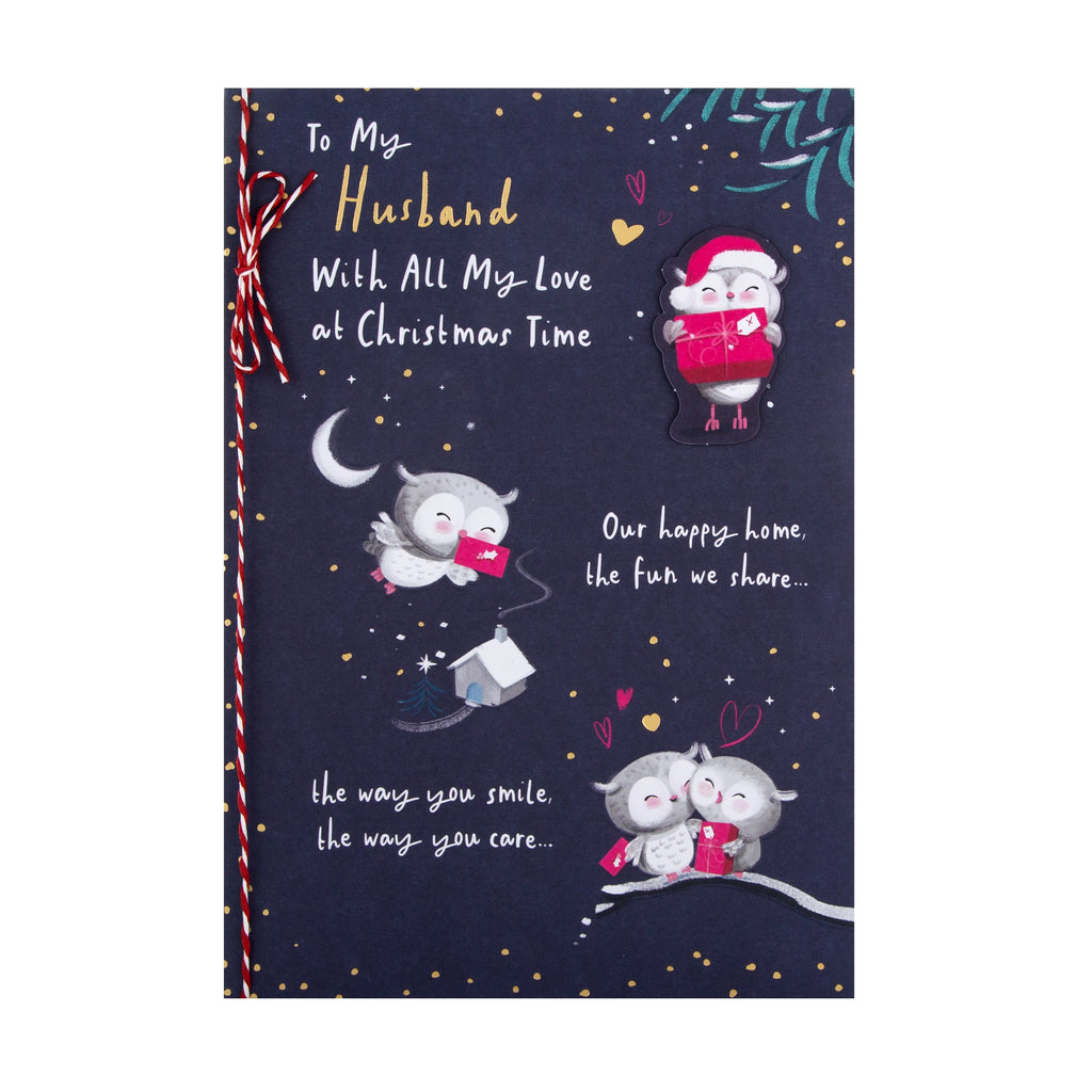 Christmas Card for Husband - Cute Illustrated Owls Design