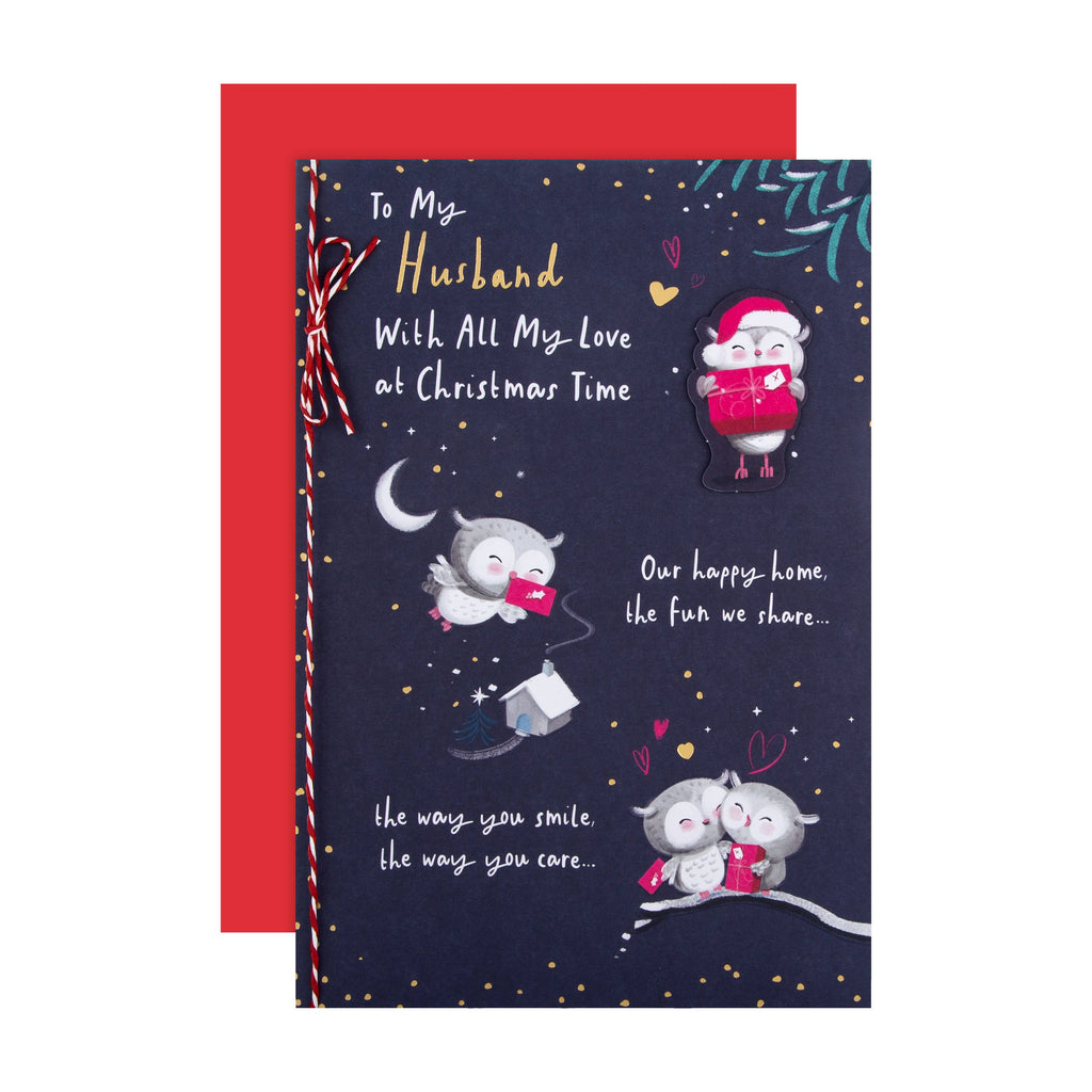 Christmas Card for Husband - Cute Illustrated Owls Design