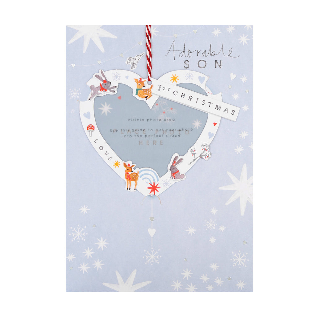 Christmas Card for Baby Son - Adorable First Christmas Heart Design with Silver Foil
