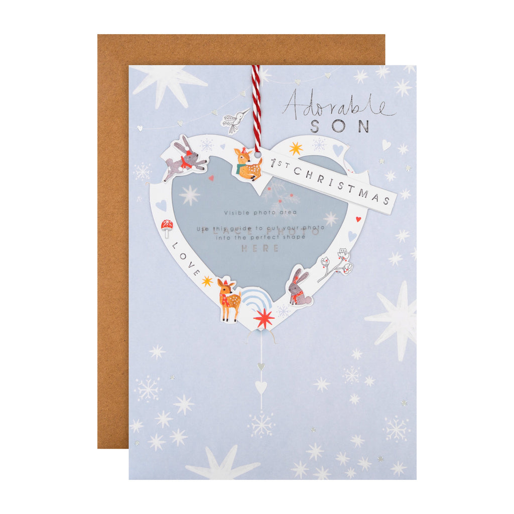 Christmas Card for Baby Son - Adorable First Christmas Heart Design with Silver Foil