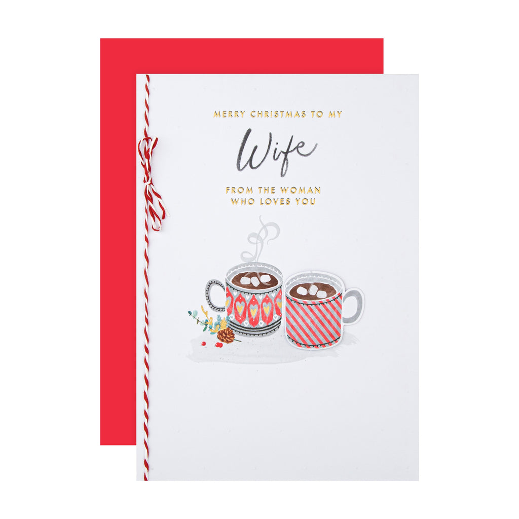 Christmas Card for Wife - Classic Hot Chocolate Mug Design with Gold Foil and 3D Add On