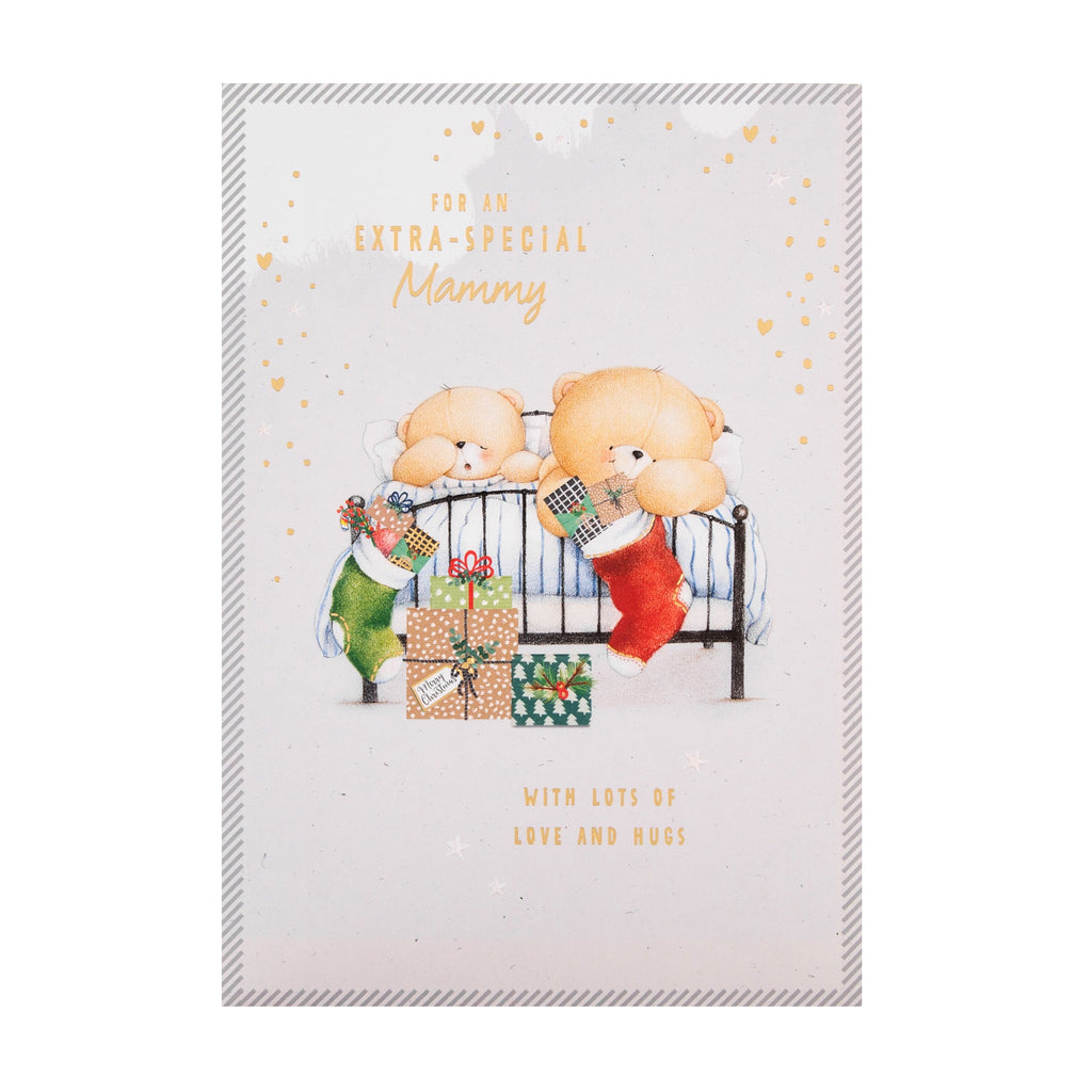 Christmas Card for Mummy - Cute Stocking Forever Friends Design with Gold Foil