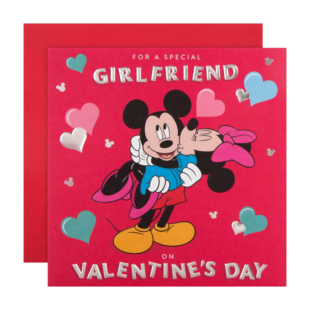 Valentine's Day Card for Girlfriend - Cute Disney Mickey and Minnie Mouse Design with Silver Foil