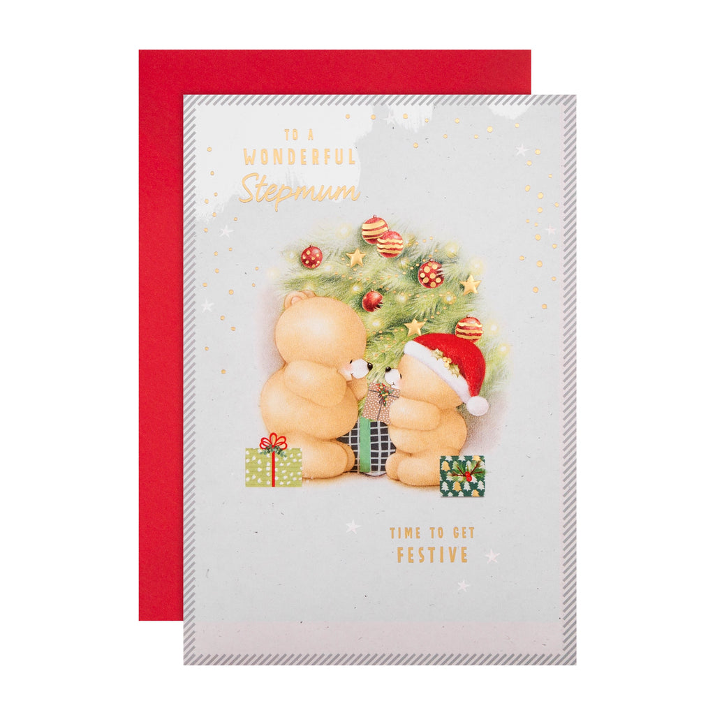 Christmas Card for Step Mum - Festive Tree Forever Friends Design with Gold Foil