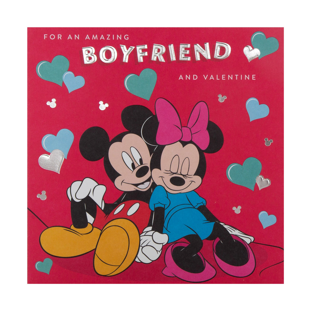 Valentine's Day Card for Boyfriend - Cute Disney Mickey and Minnie Mouse Design with Silver Foil