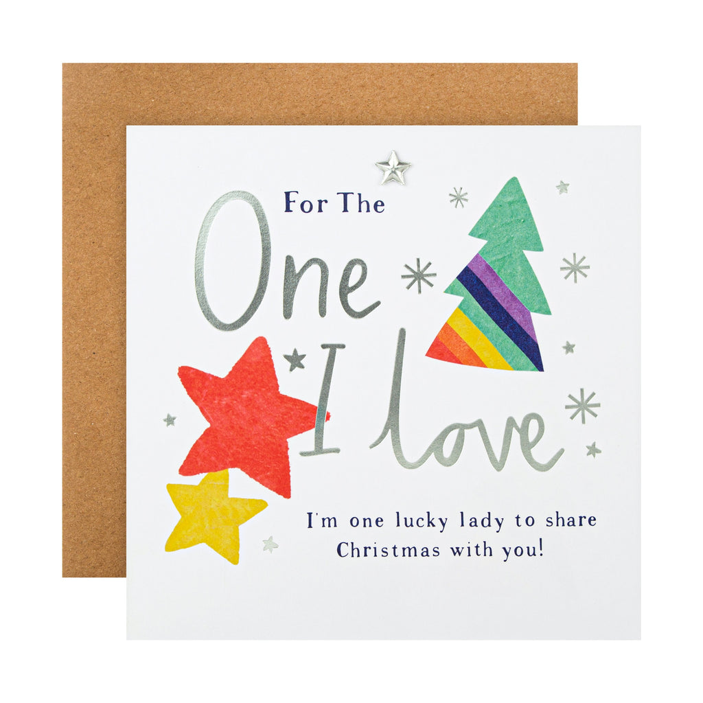 Christmas Card for The One I Love - Rainbow Tree Stars Design with Silver Foil and 3D Silver Star Attachment