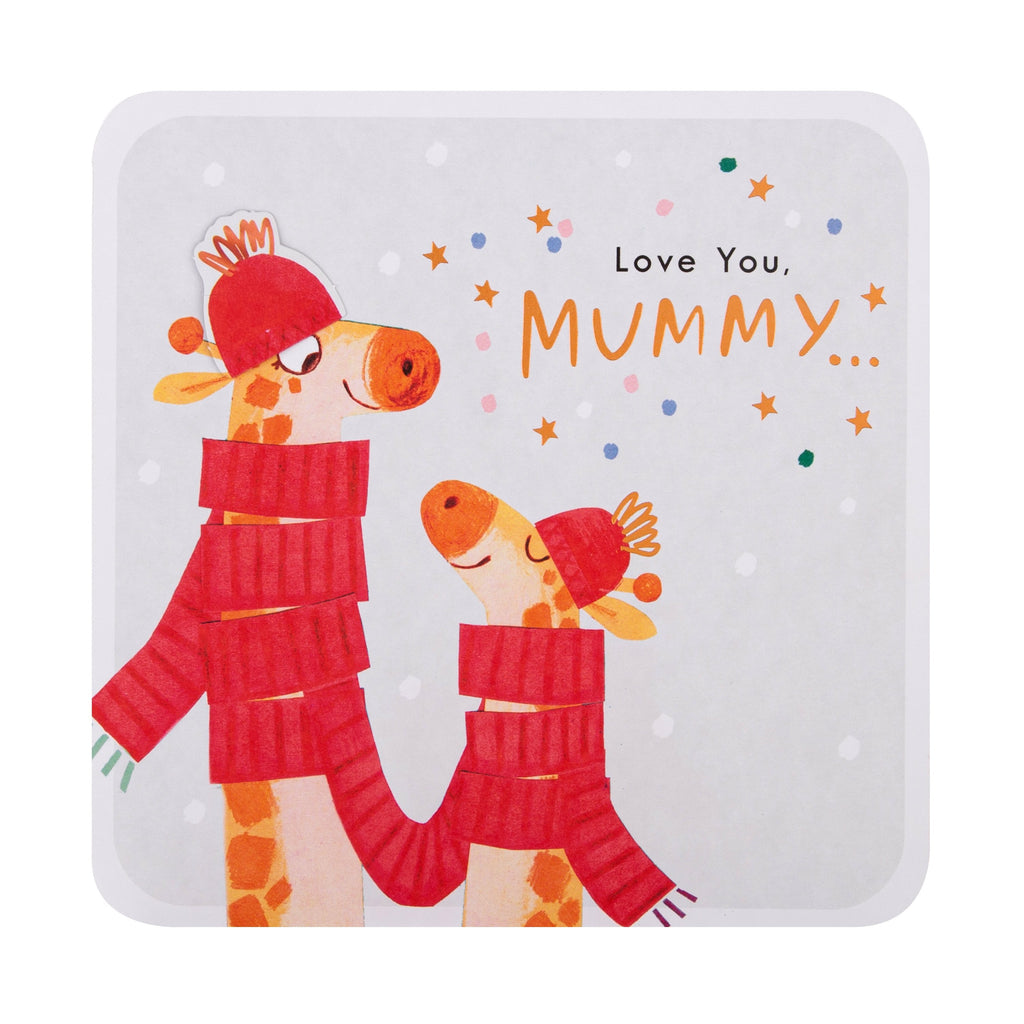 Christmas Card for Mummy - Cute Winter Giraffe Design with Copper Foil and 3D Add On