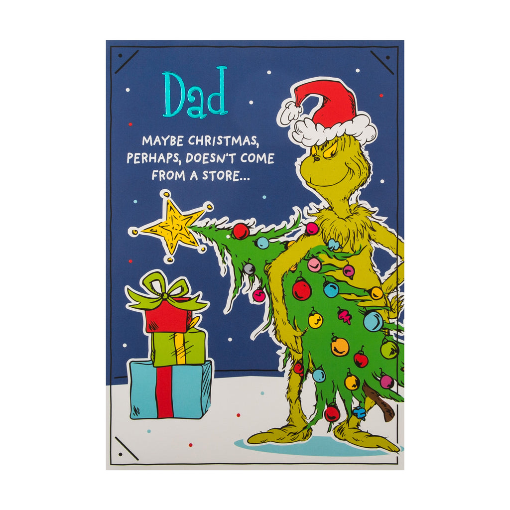 Christmas Card for Dad - Funny The Grinch™ Dr. Seuss™ Tree and Presents Design with Blue Foil