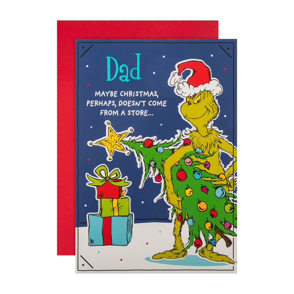 Christmas Card for Dad - Funny The Grinch™ Dr. Seuss™ Tree and Presents Design with Blue Foil