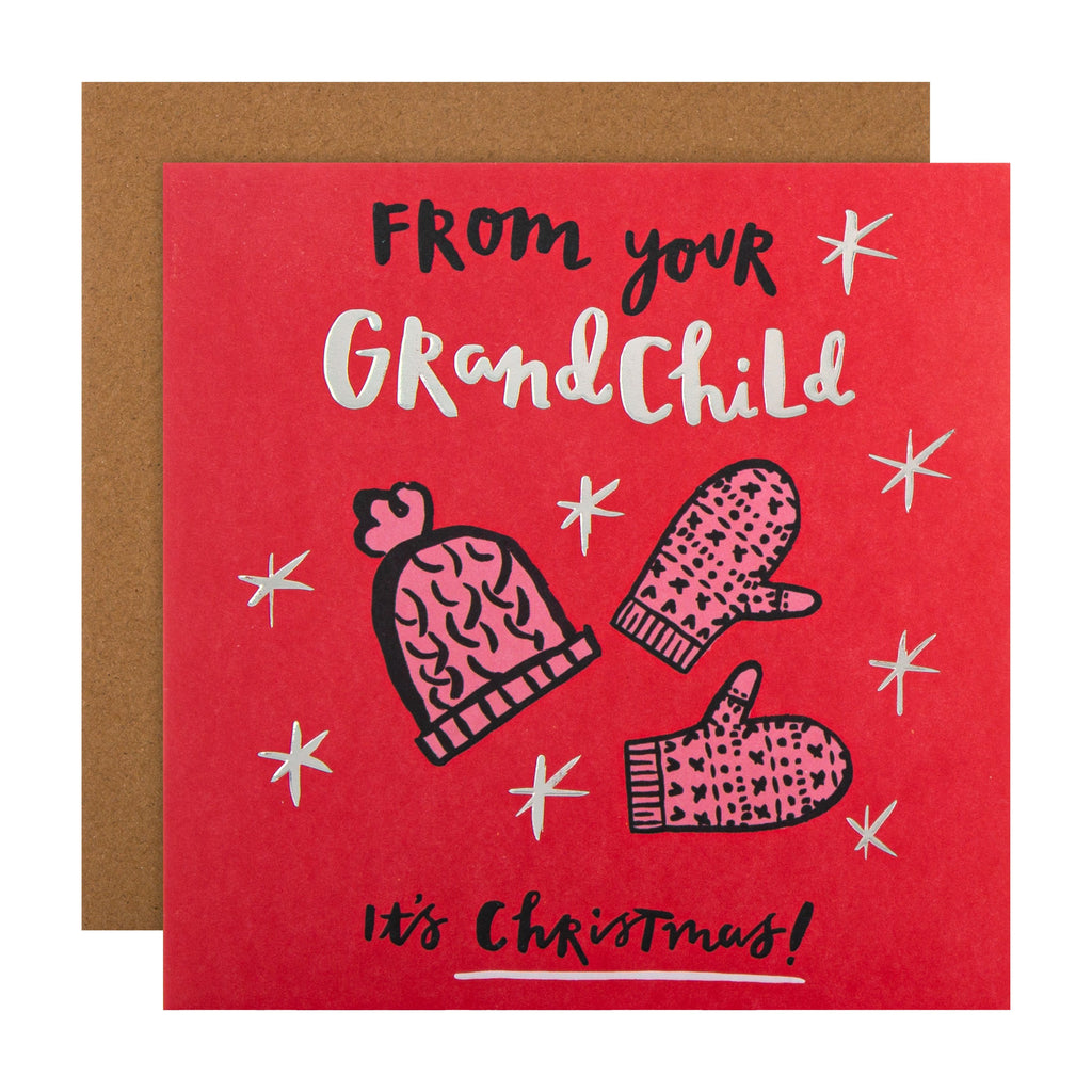 Christmas Card for Grandparents - Jordan Wray, Spotted Collection, Winter Woollies Design with Silver Foil