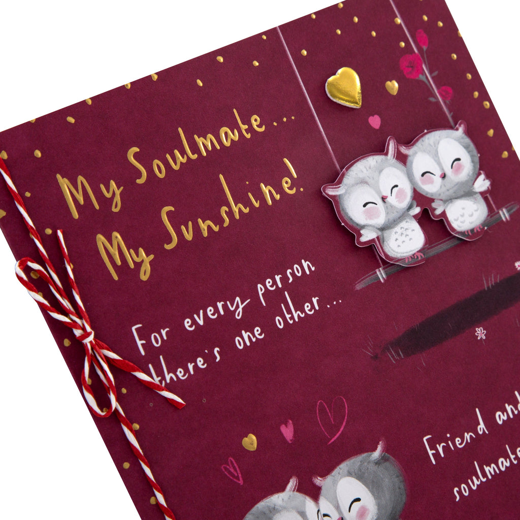 Valentine's Day Card for Soulmate - Cute Cartoon Owls Design with Gold Foil and 3D Add On