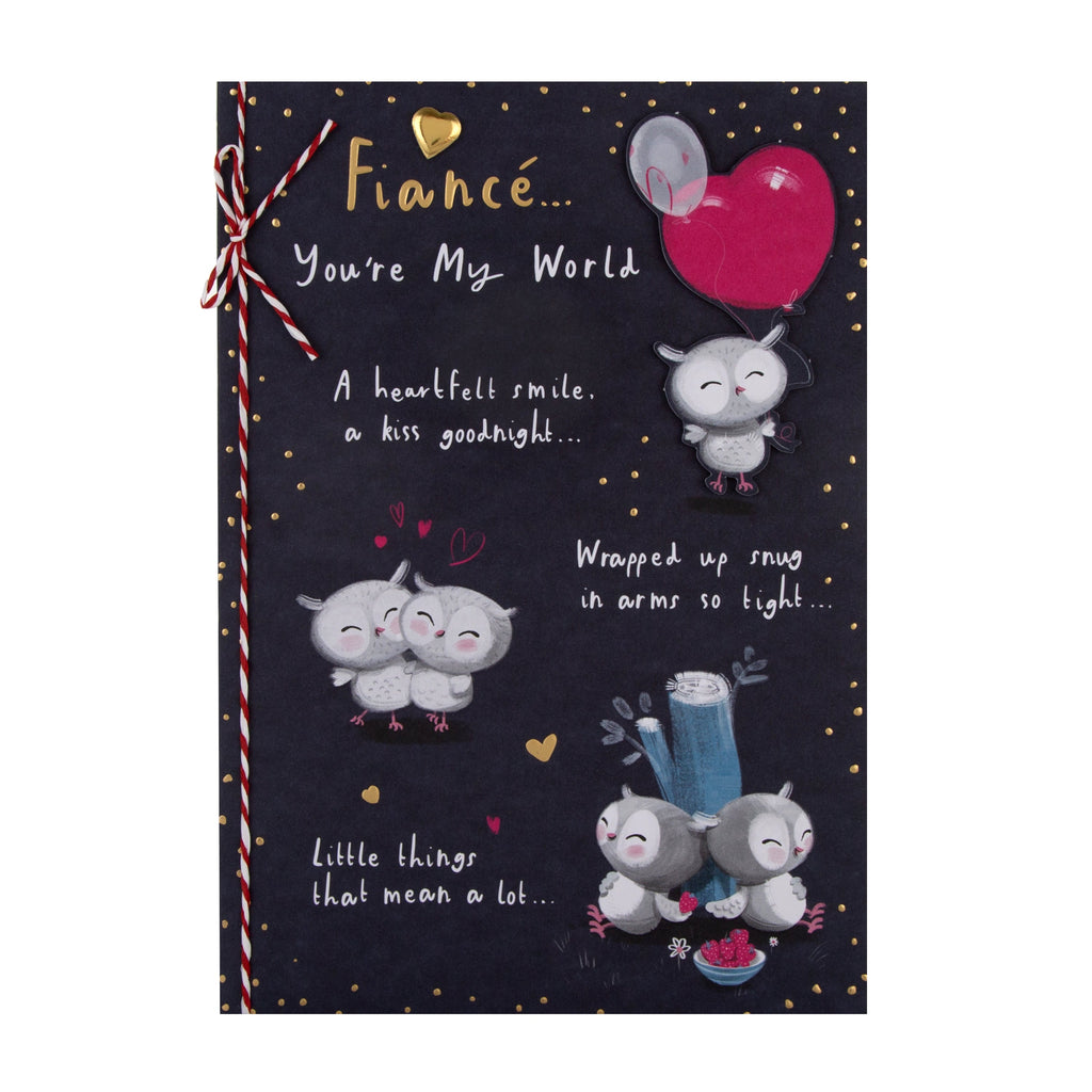 Valentine's Day Card for Fiance - Cute Cartoon Owls Design with Gold Foil and 3D Add On