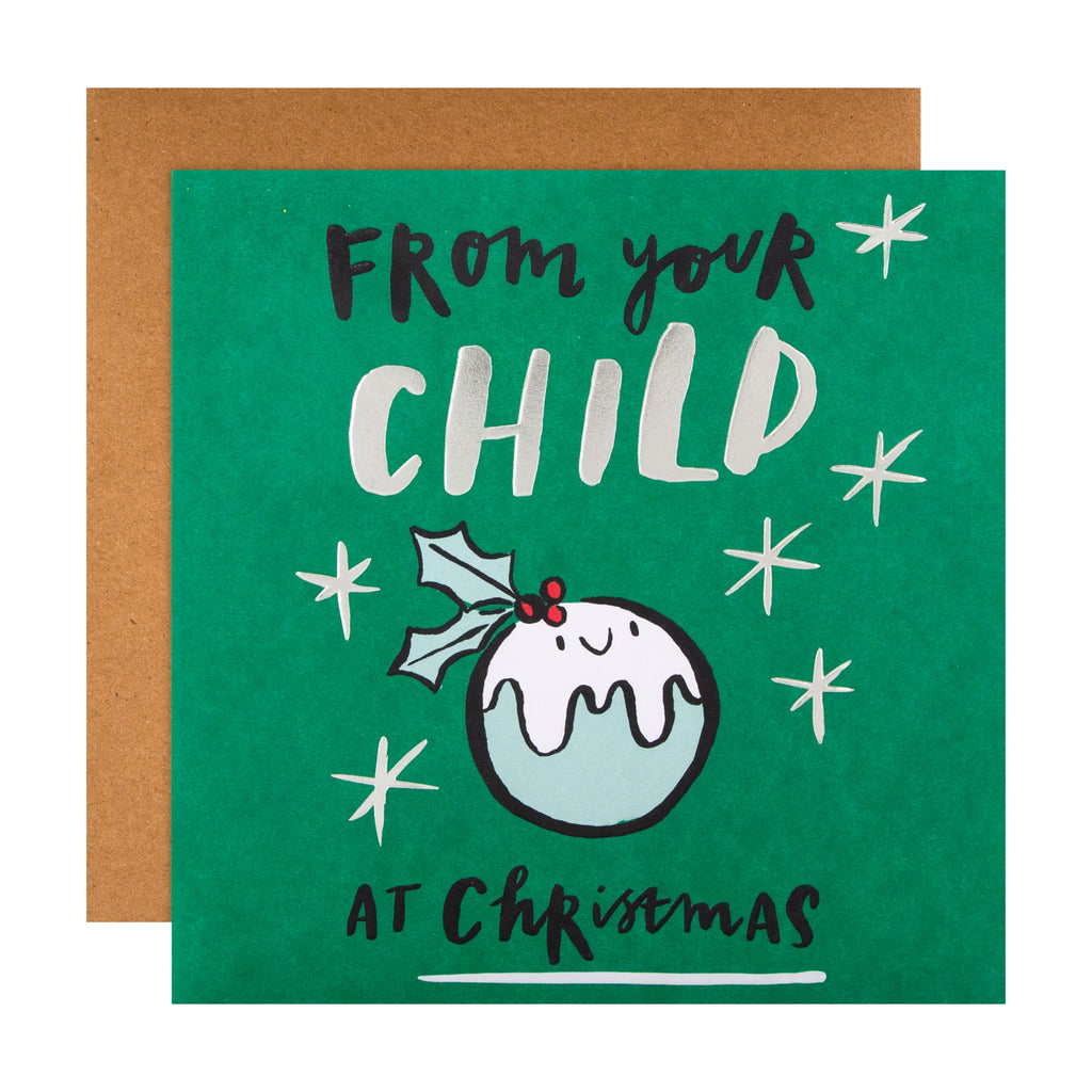 Christmas Card from Child - Jordan Wray, Spotted Collection, Smiling Pudding Design with Silver Foil
