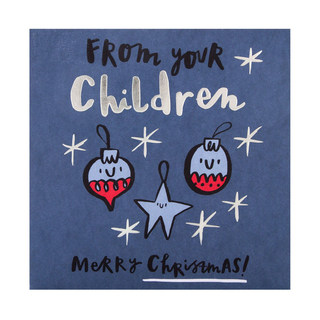 Christmas Card from Children - Jordan Wray, Spotted Collection, Cute Baubles Design with Silver Foil