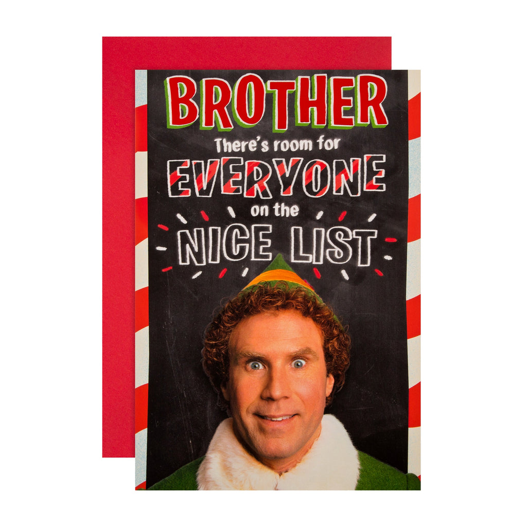 Christmas Card for Brother - Funny Elf™ Movie Nice List Design with Red Foil