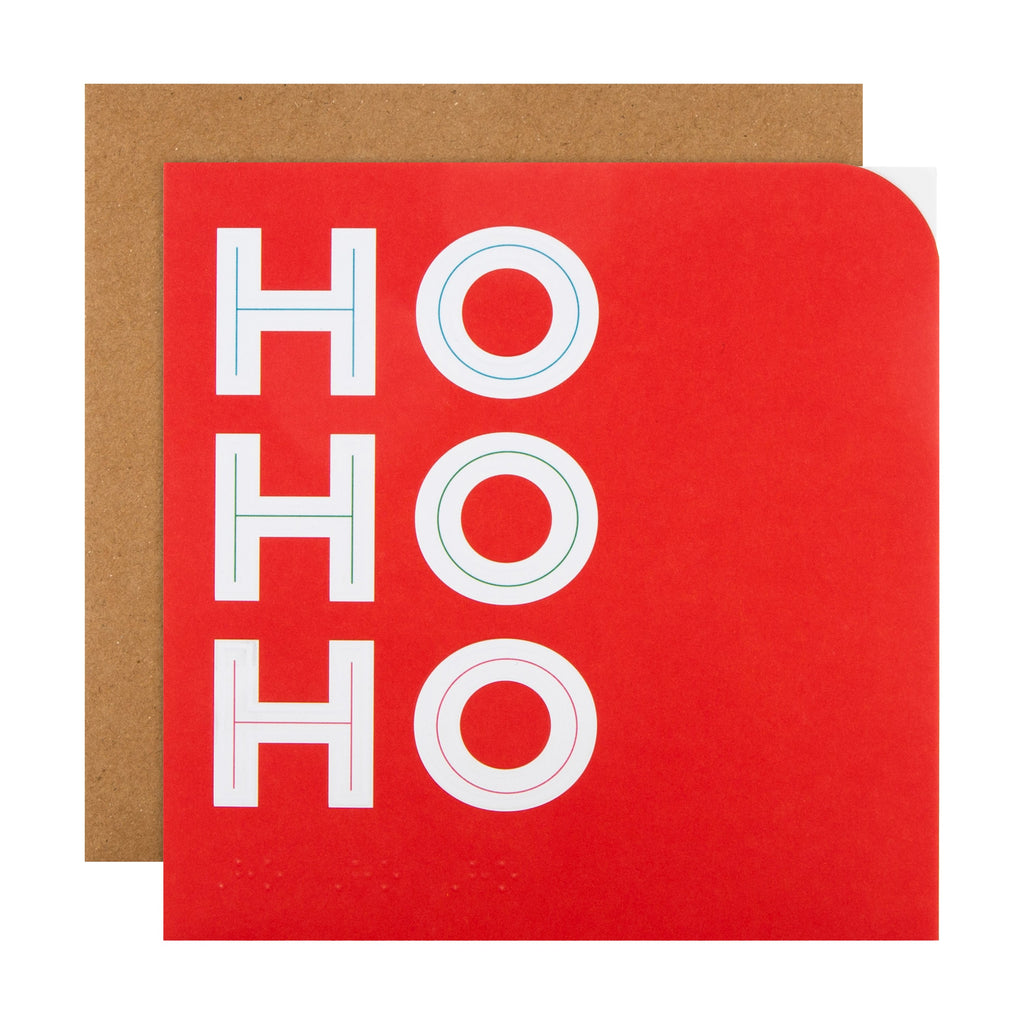 Square Christmas card, with a rounded top right corner. Text Reads, "Ho Ho Ho" in large white capital letters, with a thin coloured line in the middle of the letters. Background is a bright red colour. Text on left inside page reads, "merry Christmas & happy New Year!" in red letters. Background is white. 
