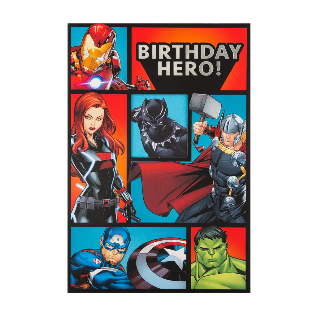 Kid's Birthday Card - Die cut Marvel Avengers Design with Silver Foil