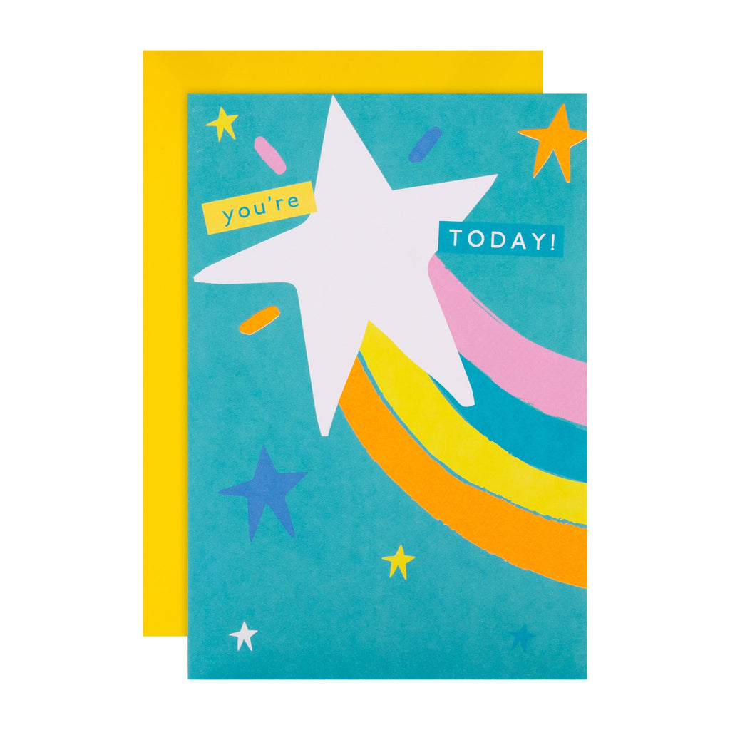 Kids' Birthday Card - Rainbow Star Design with Customisable Sticker Sheet