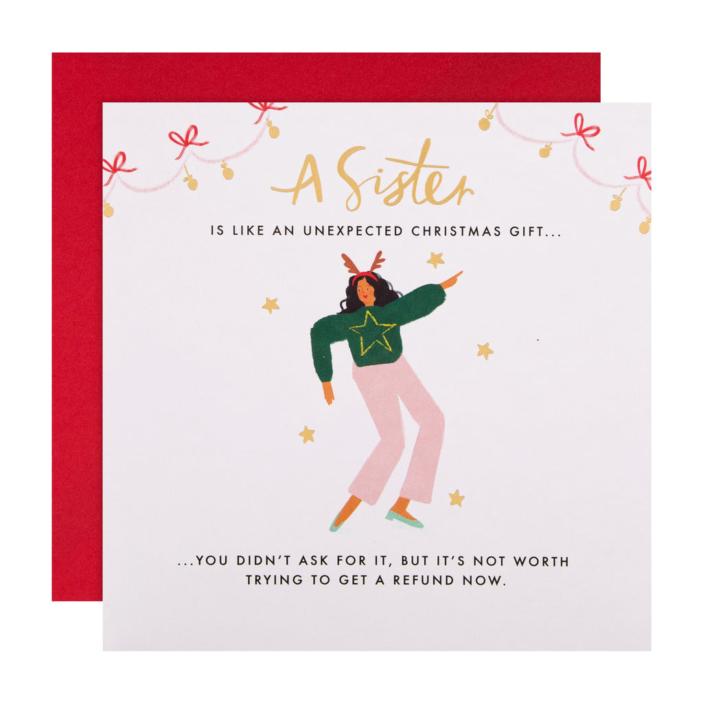 Christmas Card for Sister - Funny Festive Party Design with Gold Foil