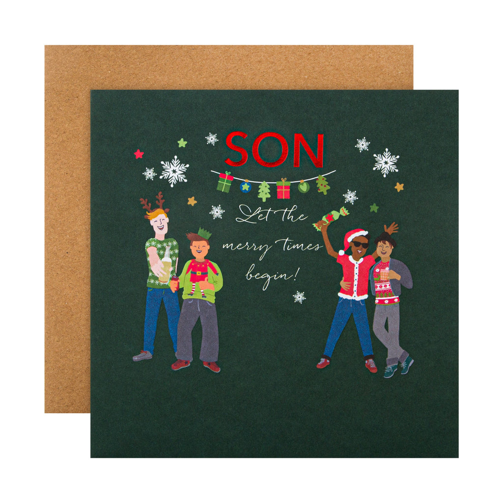 Christmas Card for Son - Happy Friends Design with Red Foil