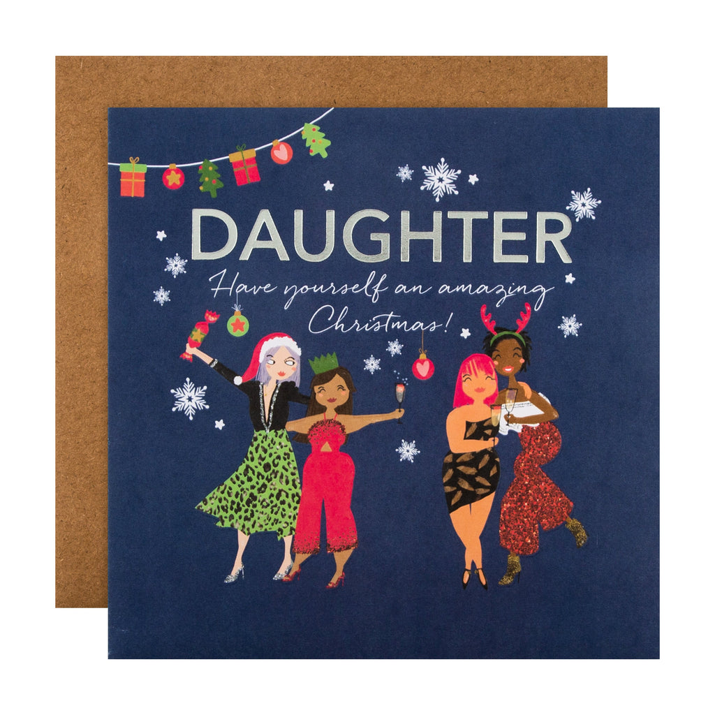 Christmas Card for Daughter - Festive Friends Design with Silver Foil