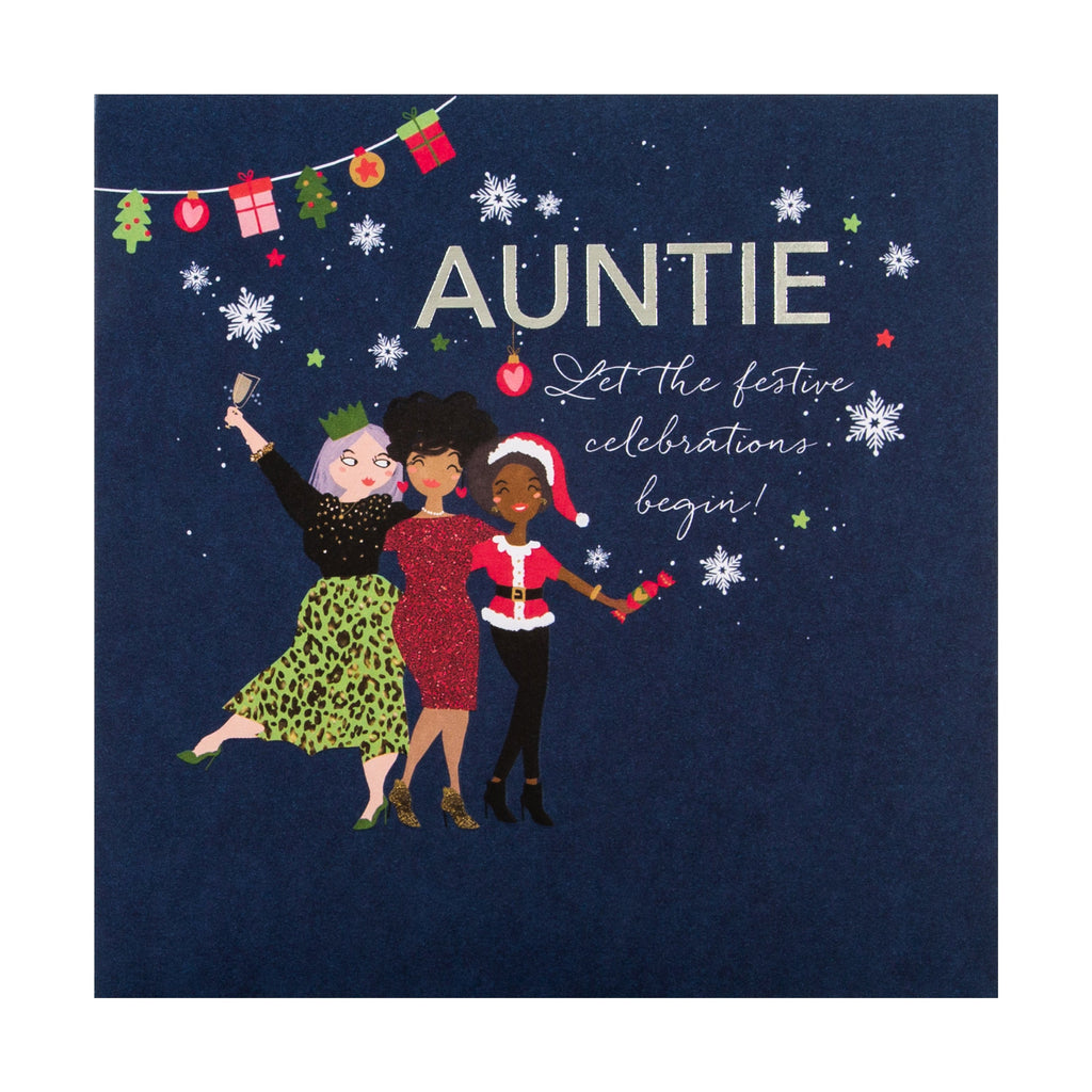 Christmas Card for Auntie - Contemporary Party Time Design with Silver Foil