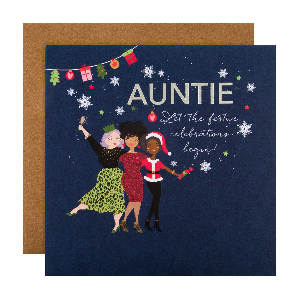 Christmas Card for Auntie - Contemporary Party Time Design with Silver Foil