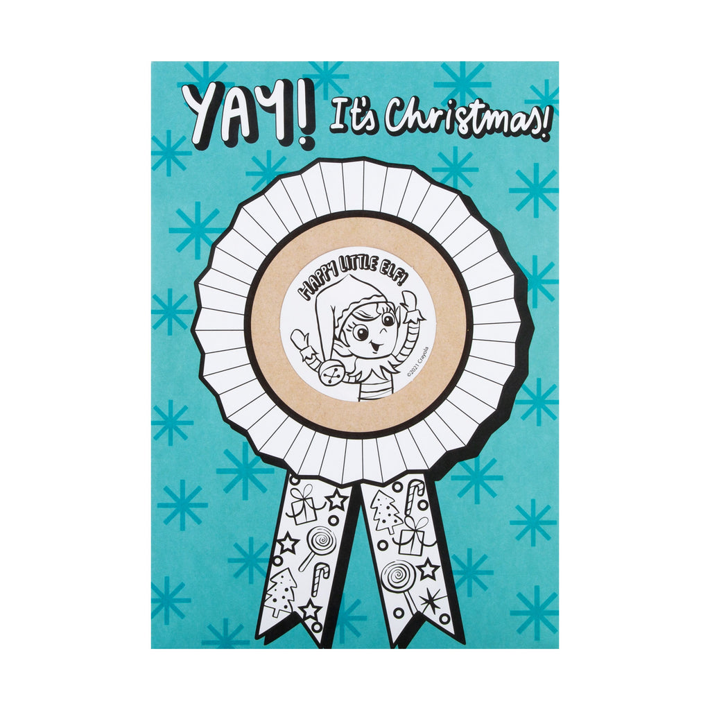 Christmas Card for Kids - Fun Crayola Colour In Festive Rosette Design with Badge and Fold Out Banner