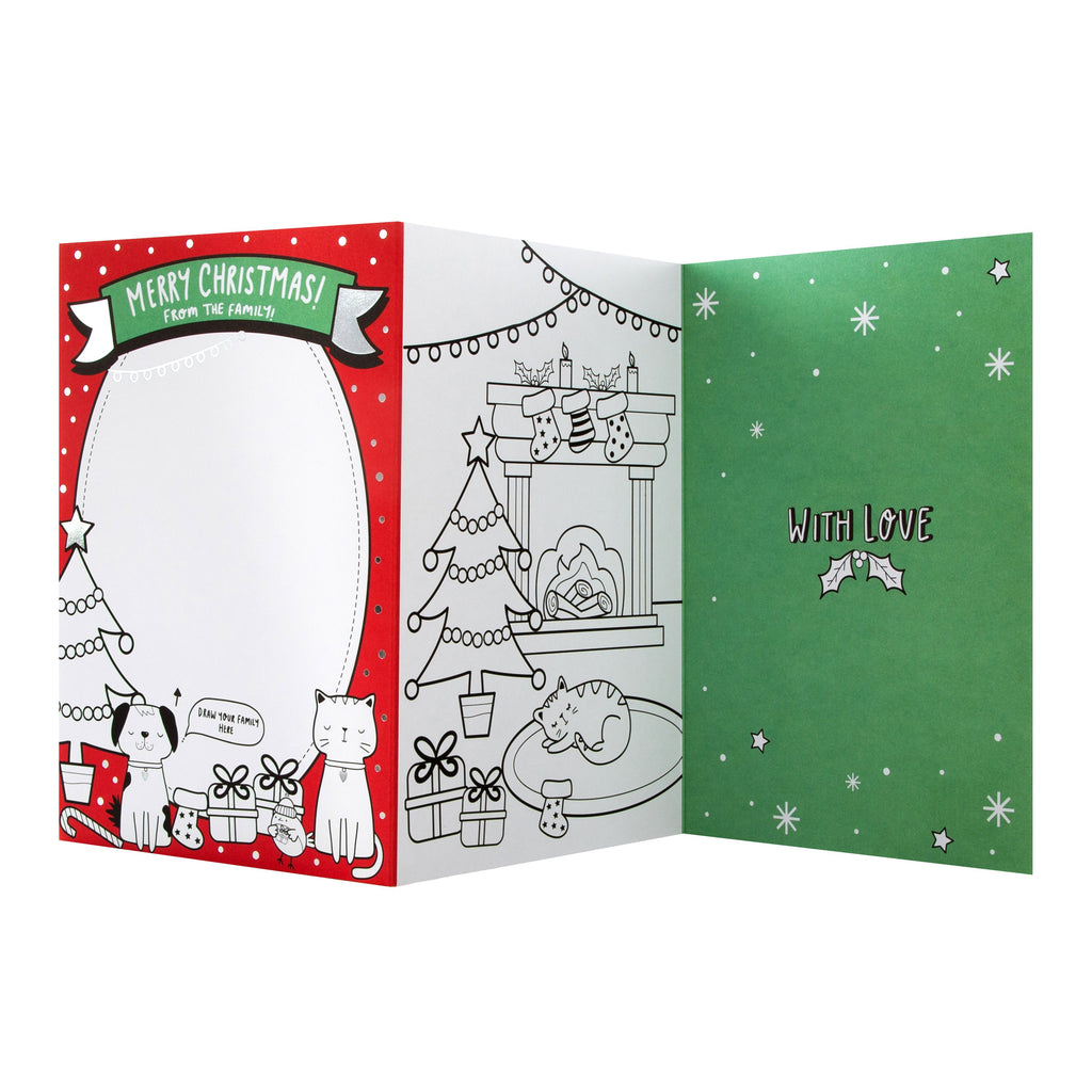 Christmas Card for Kids - Fun Crayola™ Draw and Colour In Family Design with Silver Foil