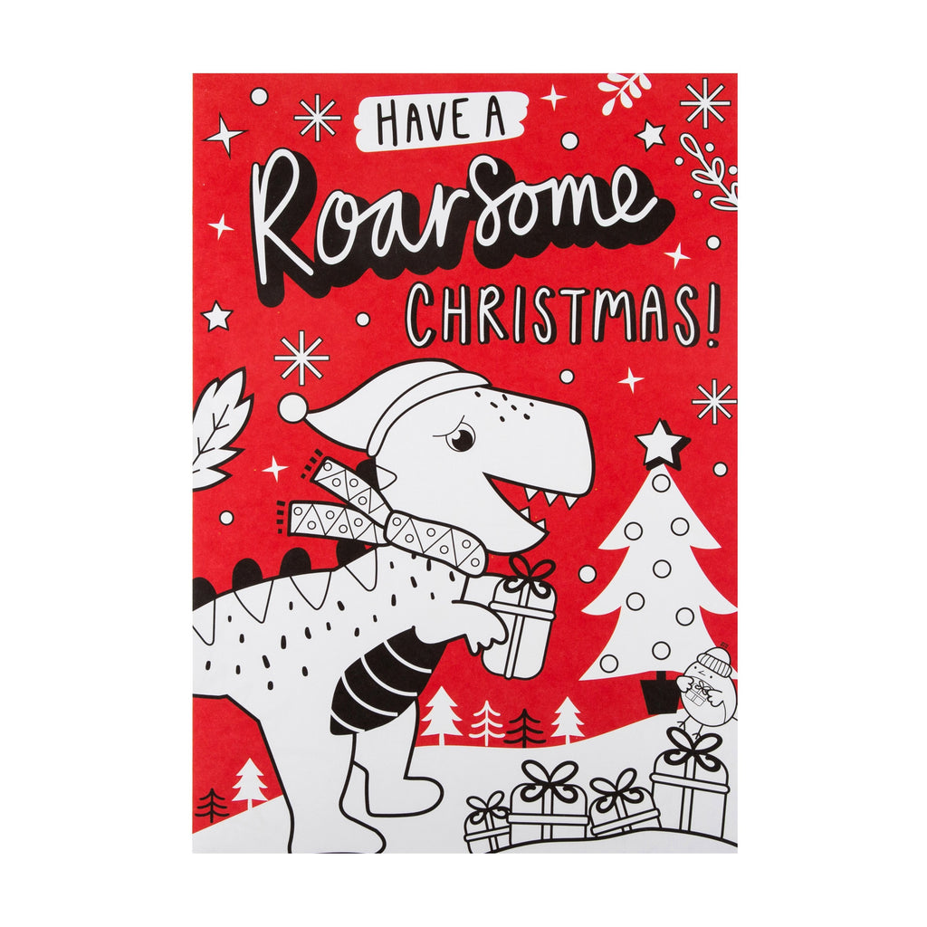 Christmas Card for Kids - Fun Crayola™ Dinosaur Roarsome Colour In Design with Fold Out Banner