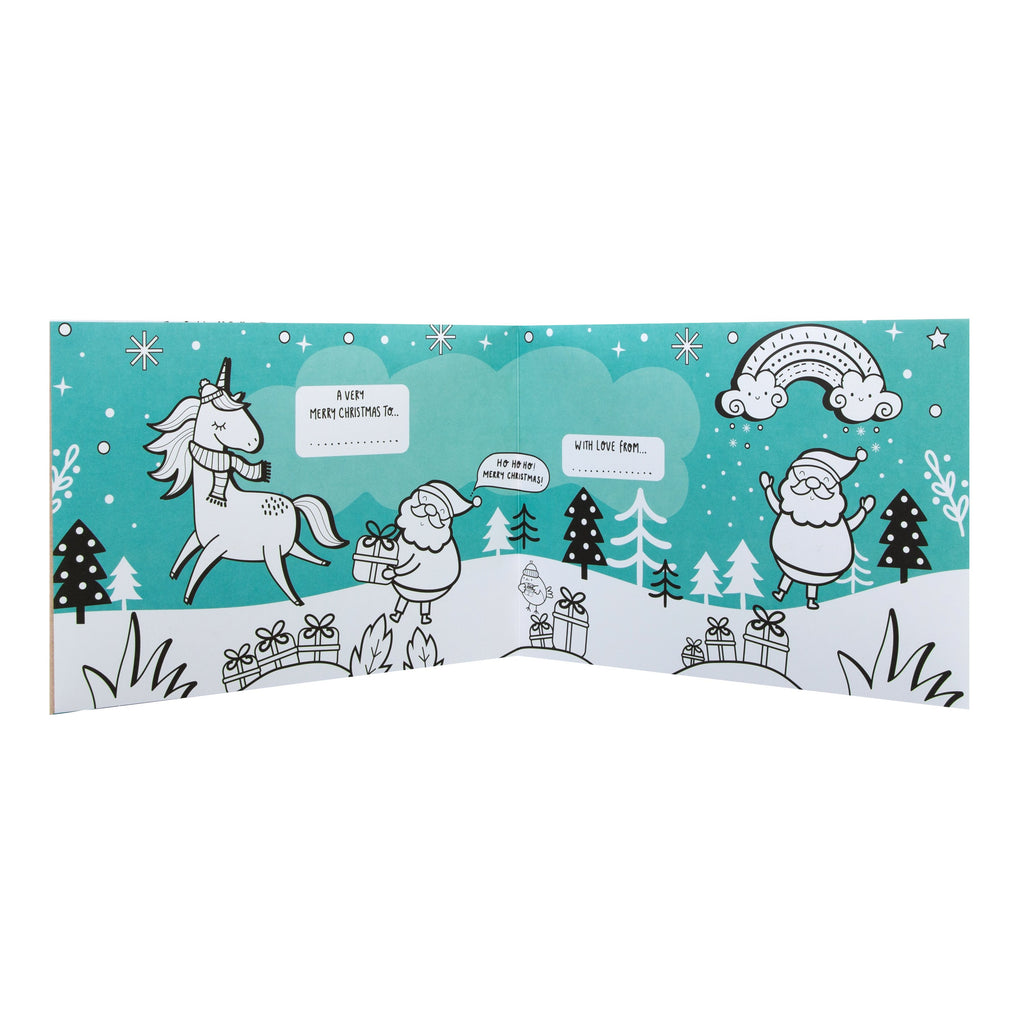 Christmas Card for Kids - Fun Crayola Colour In Magic Unicorn Design with Badge and Fold Out Banner