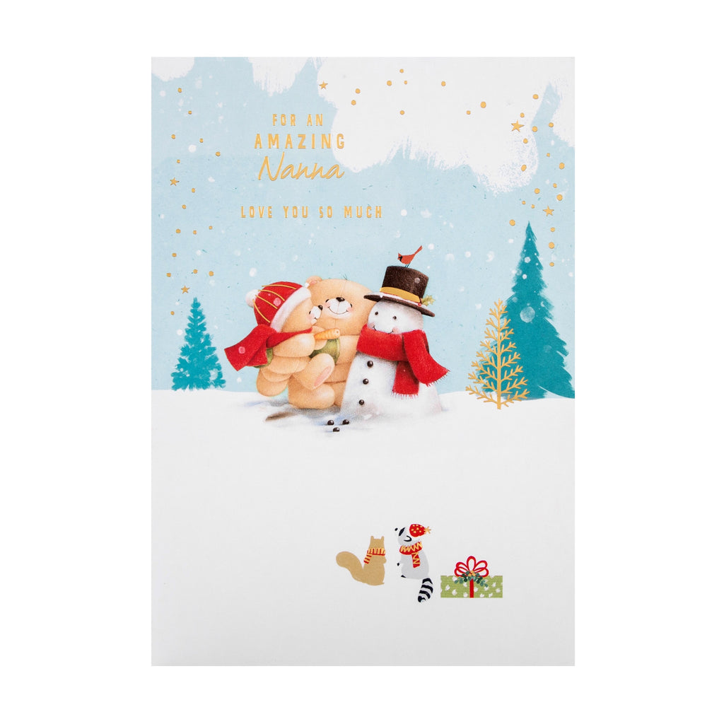 Christmas Card for Nanna - Cute Winter Snowman Forever Friends Design with Gold Foil