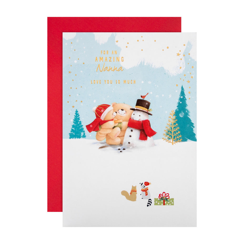 Christmas Card for Nanna - Cute Winter Snowman Forever Friends Design with Gold Foil