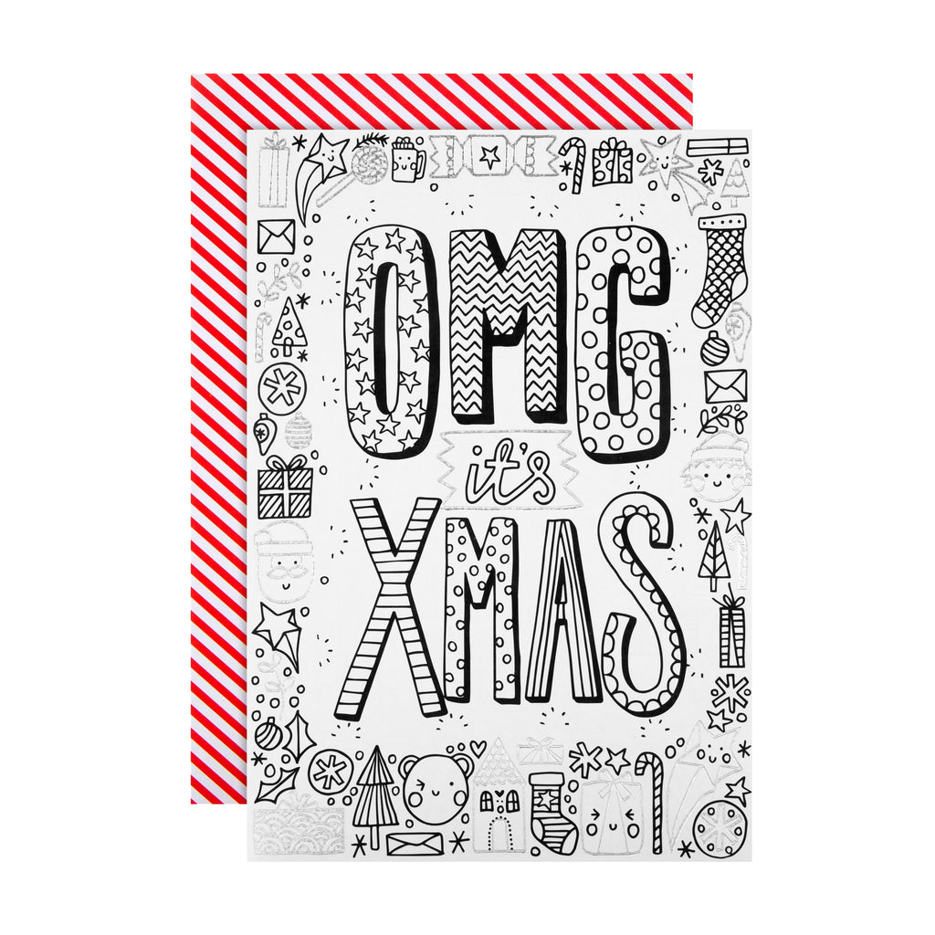 Christmas Card for Kids - Fun Crayola™ Colour In Xmas Design with Silver Foil