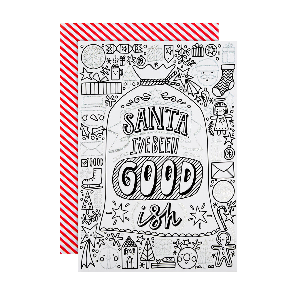 Christmas Card for Kids - Fun Crayola™ Colour In Santa's Sack Design with Silver Foil