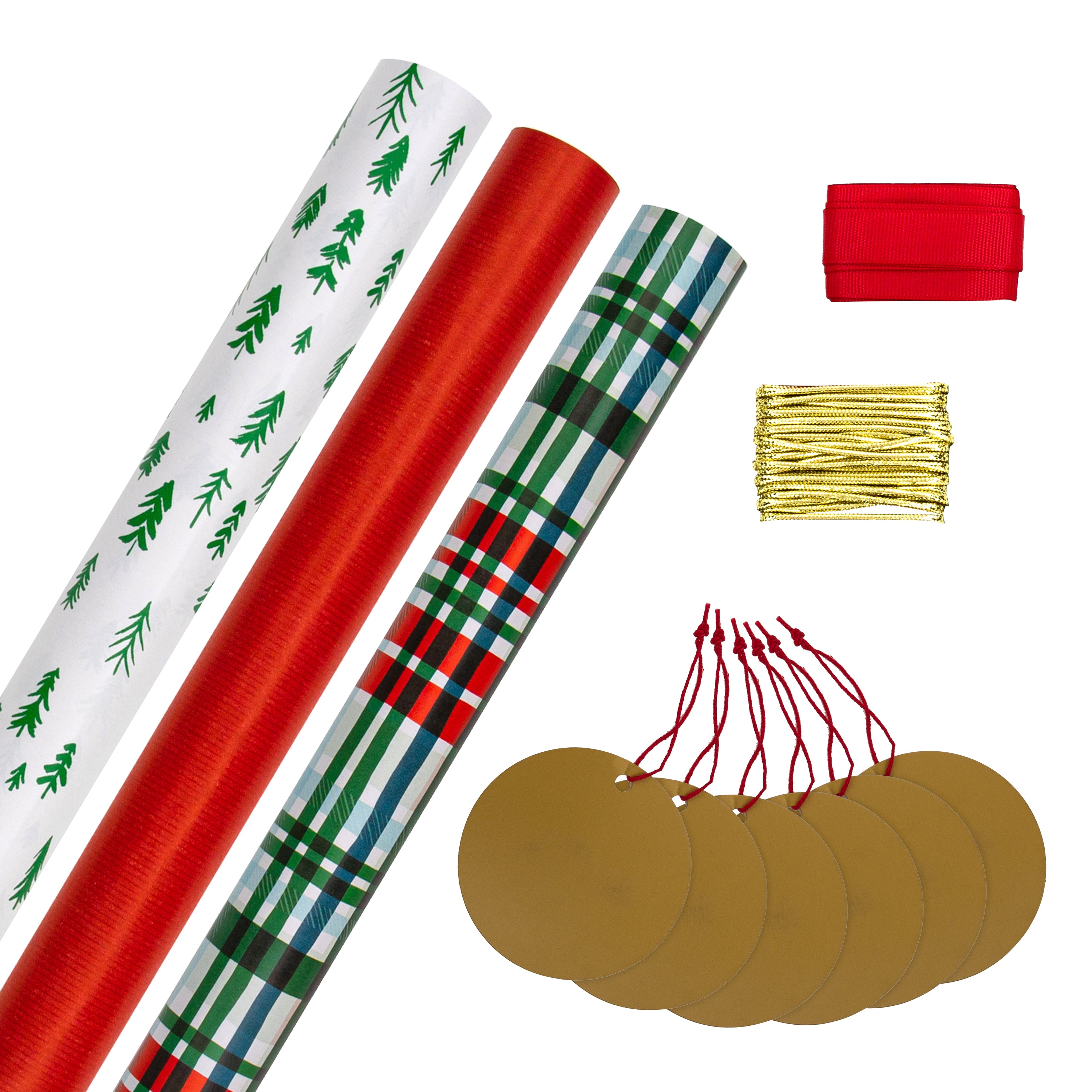 Classic Christmas Wrapping Paper Pack 3 Gift Wraps 2 Ribbons & 6 Tags