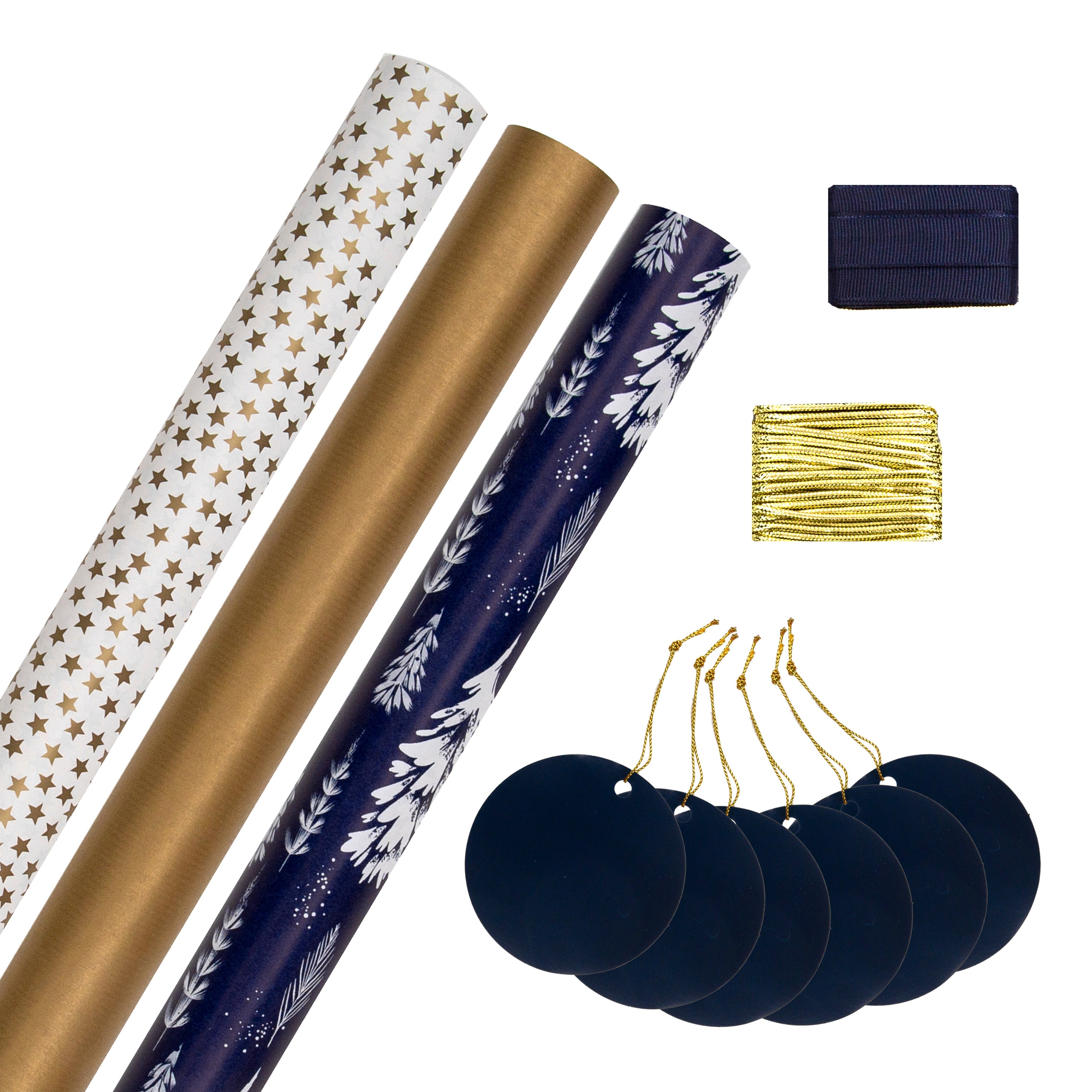 Christmas Wrapping Paper Pack 3 Paper Rolls 2 Ribbons & 6 Tags