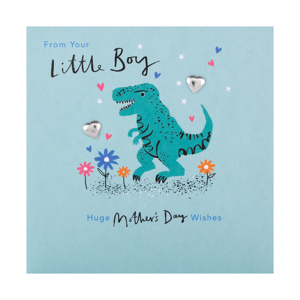 Mother's Day Card from Little Boy - Illustrated Dinosaur Design with Silver Charms