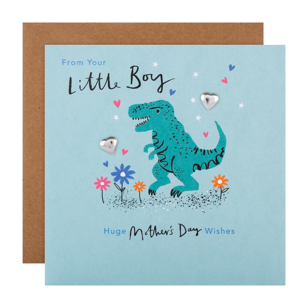 Mother's Day Card from Little Boy - Illustrated Dinosaur Design with Silver Charms