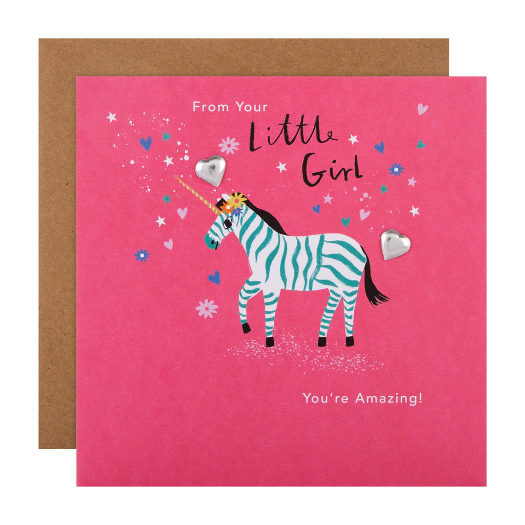 Mother's Day Card from Little Girl - Illustrated Magical Unicorn Design with Silver Charms